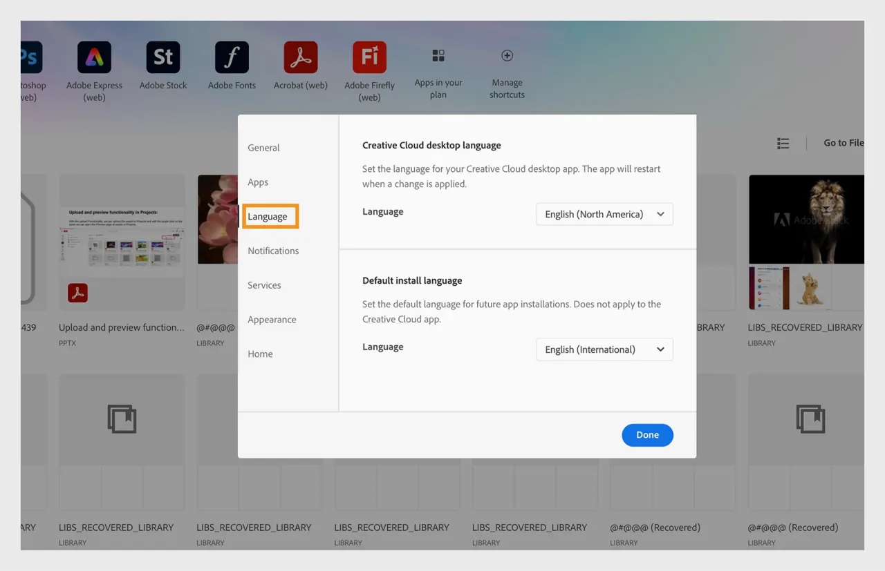 Adobe Creative Cloud Desktop aplikacja język