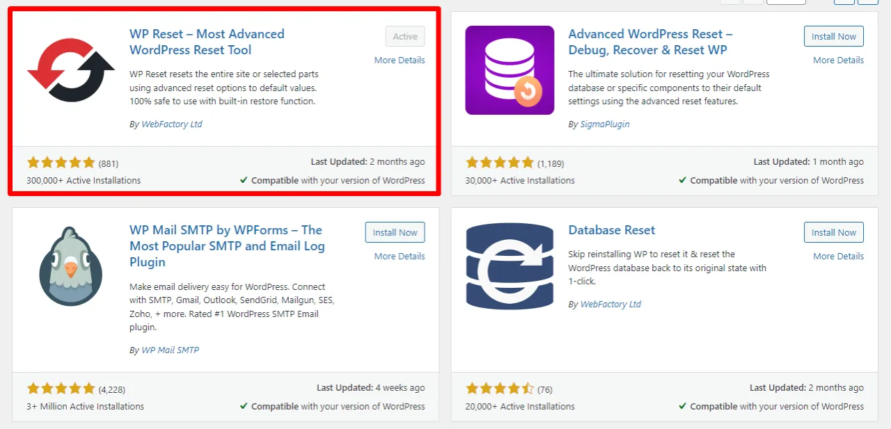 WP Reset wtyczka interfejs