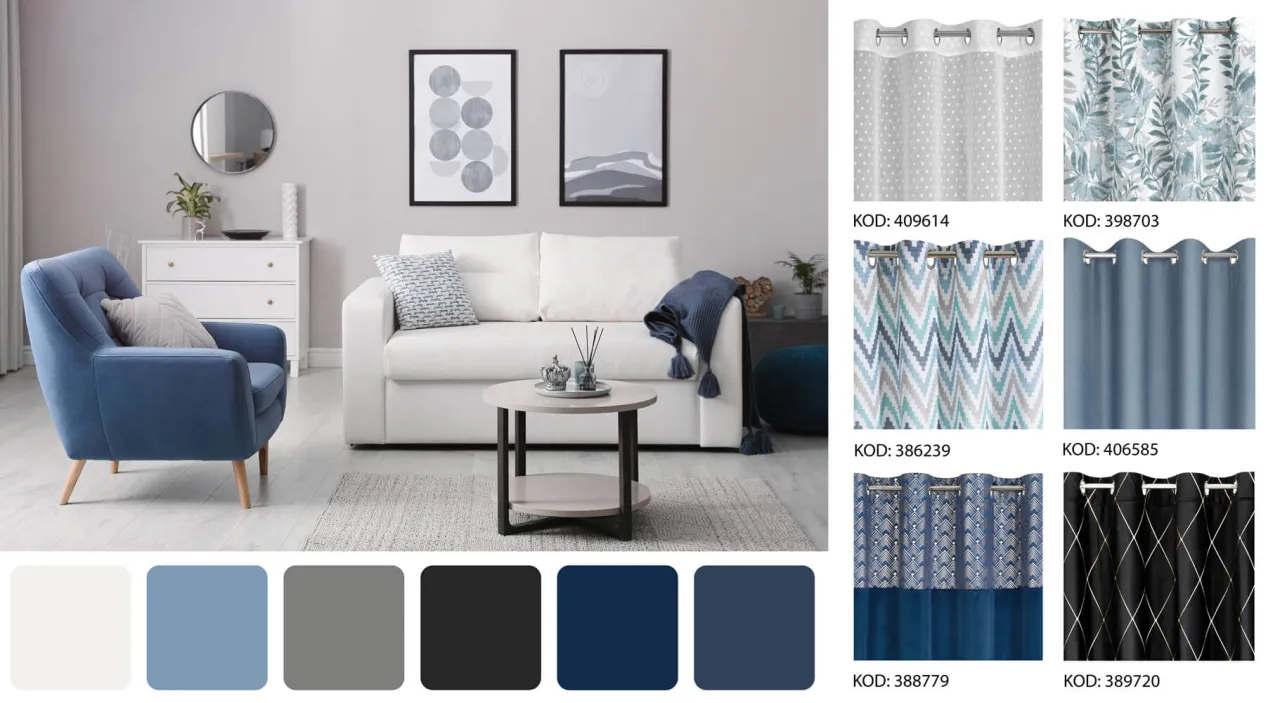 Zasłony do niebieskiej kanapy bezpieczne połączenia