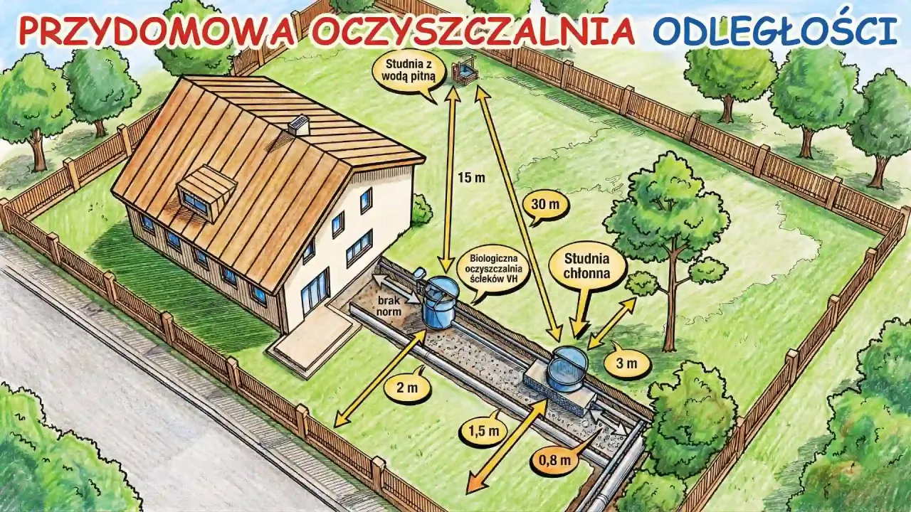 Schemat przydomowa oczyszczalnia ile od granicy działki. Pokazuje odległości od domu, studni z wodą pitną i studni chłonnej.