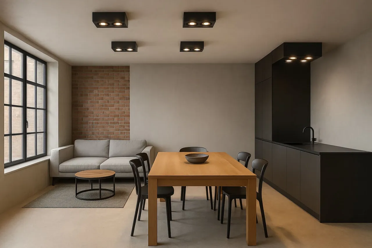 Nowoczesny salon z jadalnią i kuchnią. W centralnym punkcie znajduje się drewniany st&oacute;ł z krzesłami. Nad nim i w kuchni zamontowano dyskretną instalację natynkową czarną.