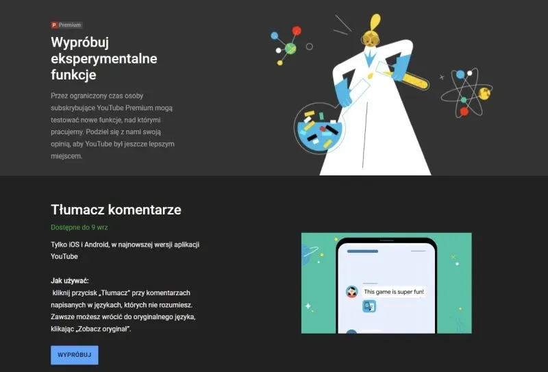 przycisk Przetłumacz na YouTube pod komentarzem