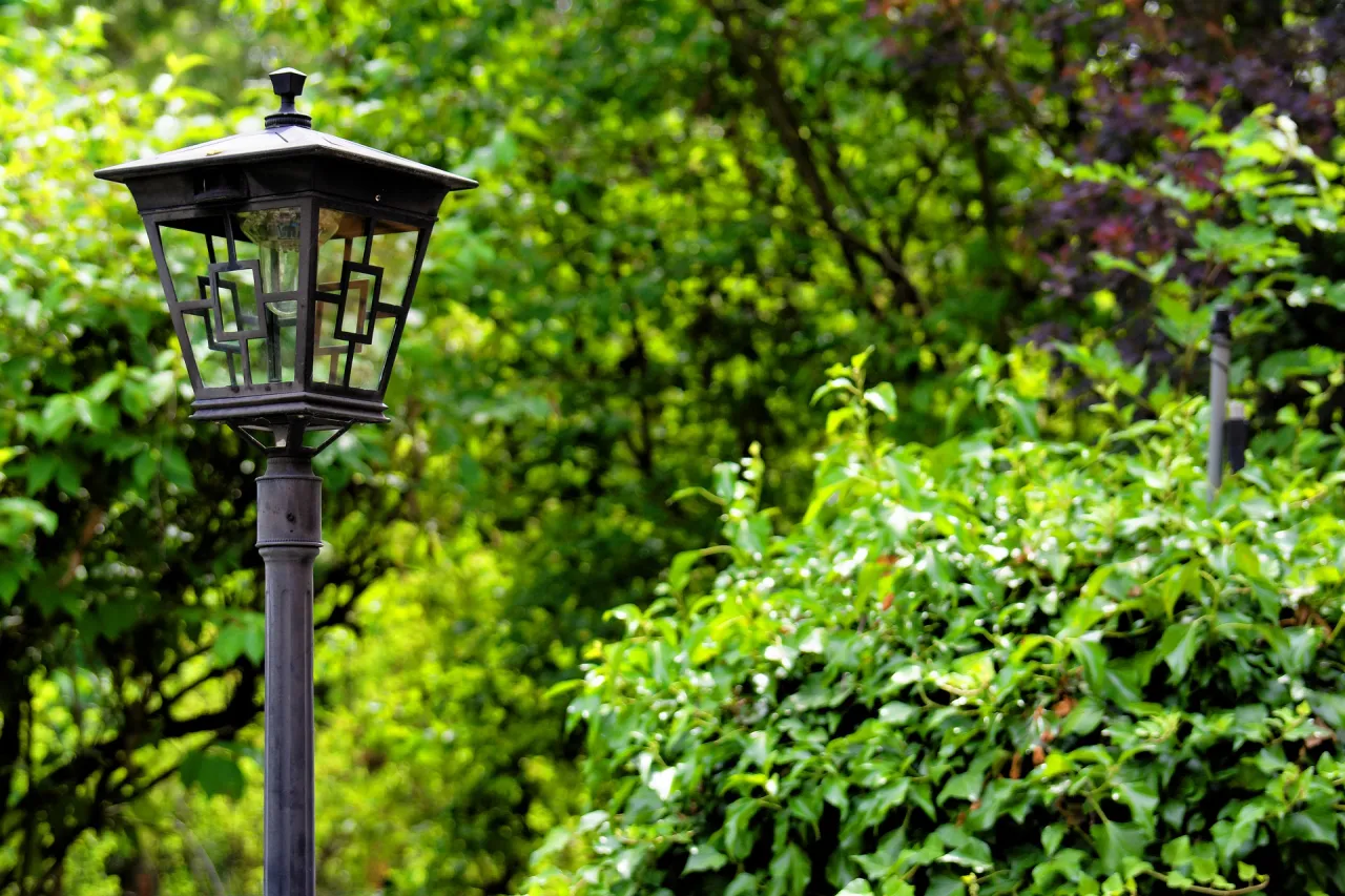 Stary latarnia, która oświetla wieś, stoi pośród bujnej zieleni.