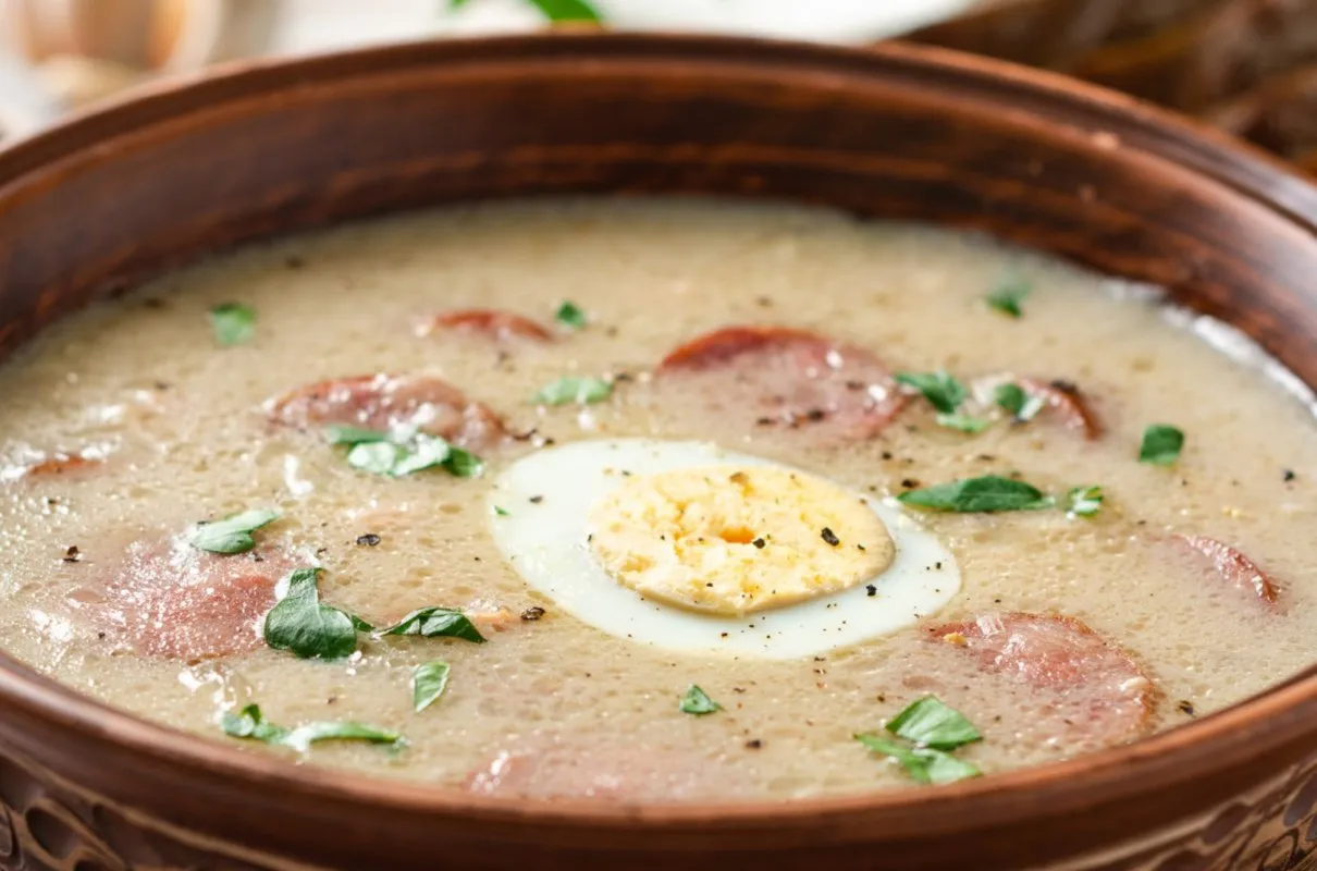 Żurek z jajkiem i kiełbasą, idealny na Wielkanoc. Przepisy na wielkanoc znajdziesz w tym pysznym daniu.