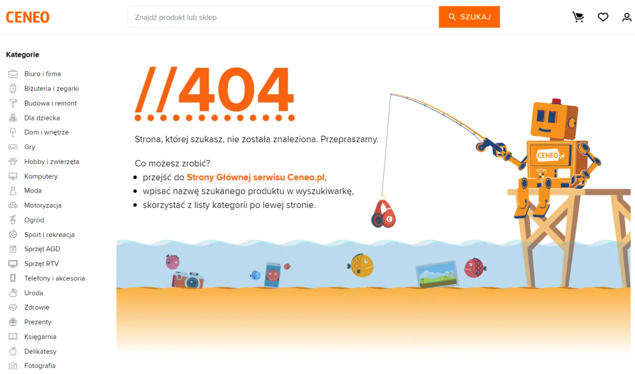 Strona 404. Robot łowi ryby, ale strona, której szukasz, nie została znaleziona.