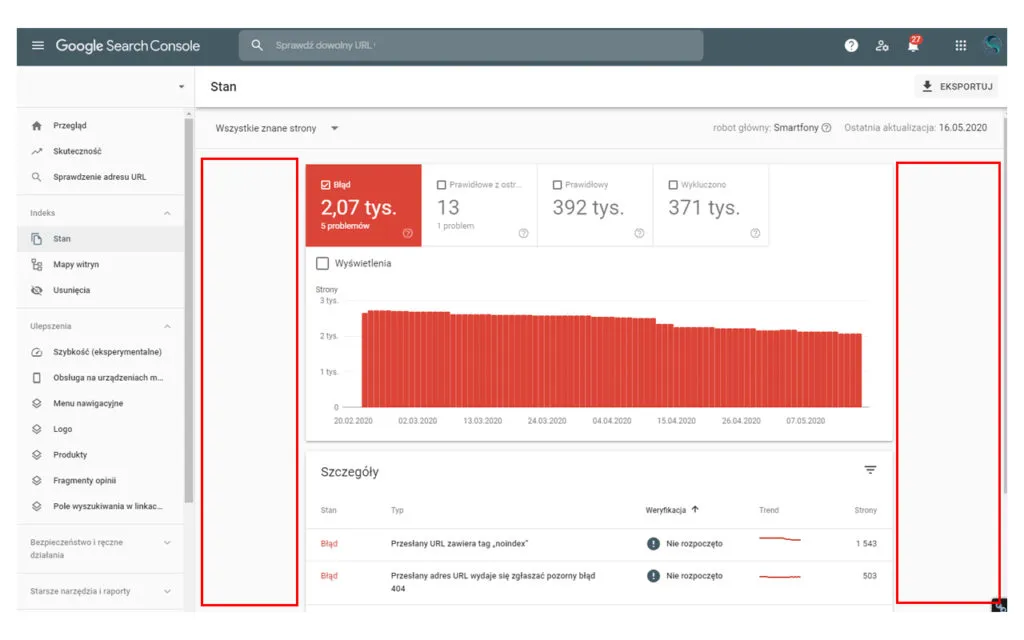 Zrzut ekranu z panelu Google Search Console