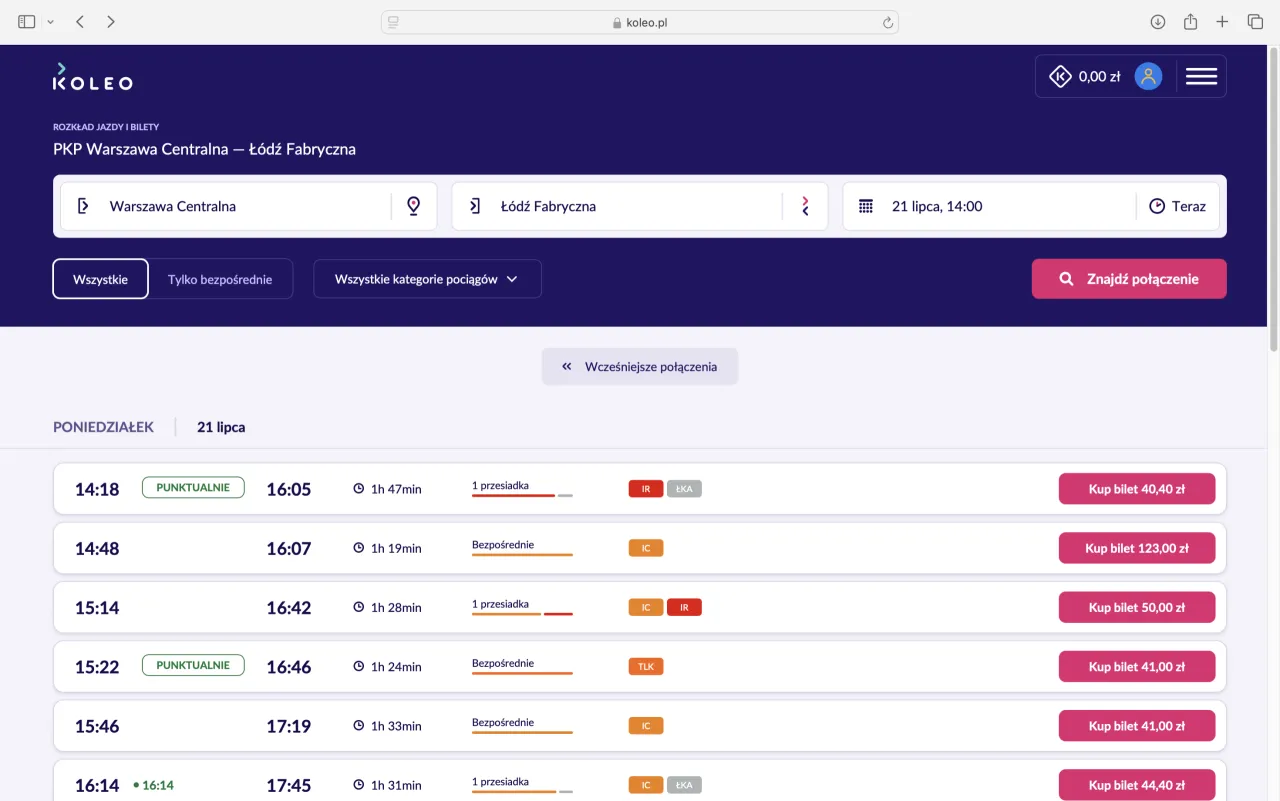 Interfejs wyszukiwarki połączeń Kolei Mazowieckich