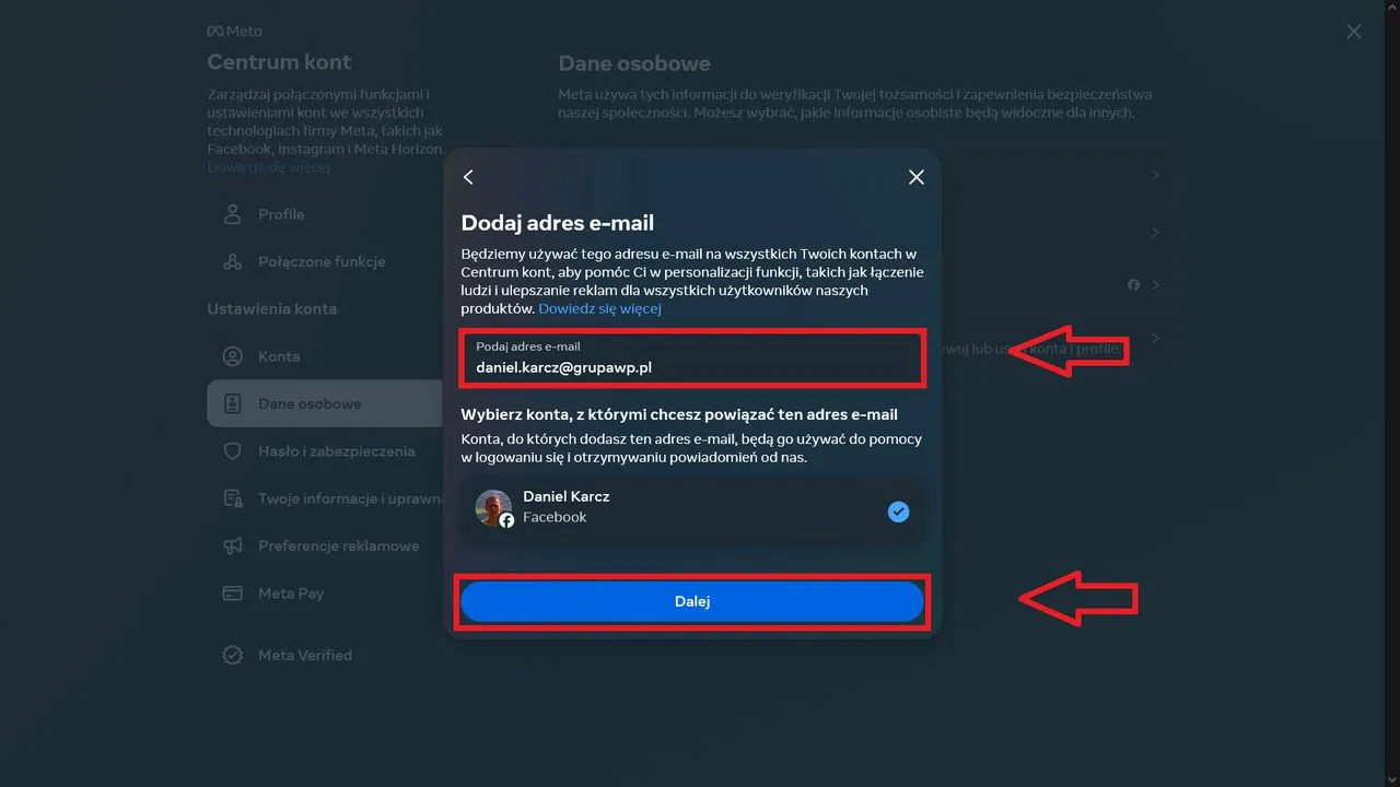 facebook aplikacja zmiana email mobile