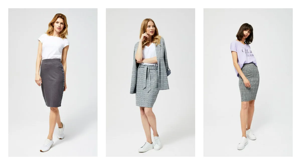 szara spódnica kolorowa bluzka stylizacje