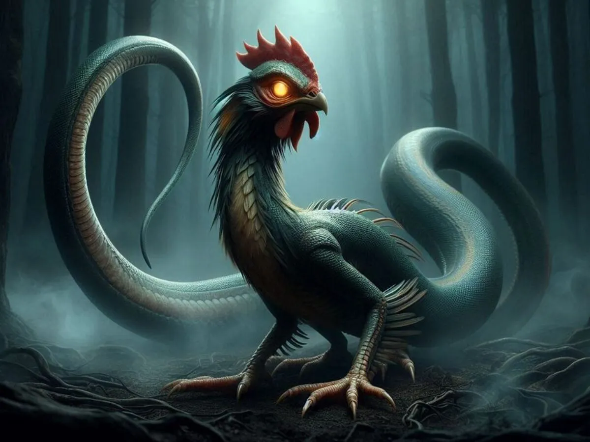 Potw&oacute;r z legendy o bazyliszku, z ptasim łbem i wężowym ciałem, czai się w mrocznym lesie.