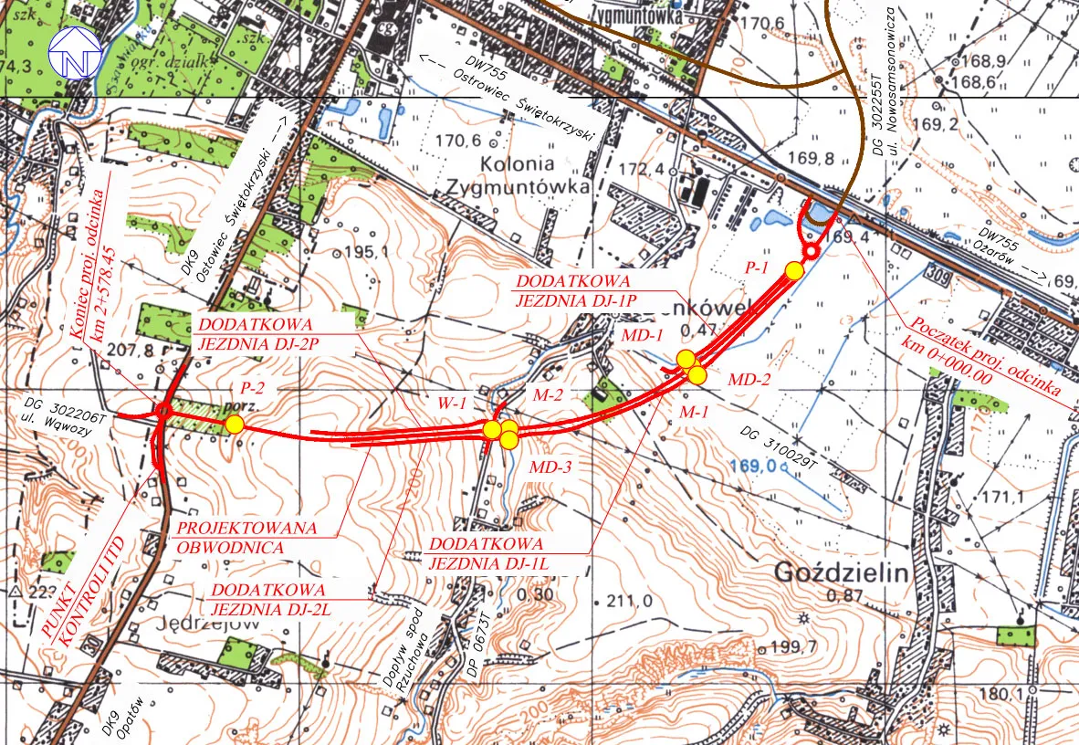Mapa dojazdu do Ostrowca Świętokrzyskiego z zaznaczonymi drogami DK9 DK42
