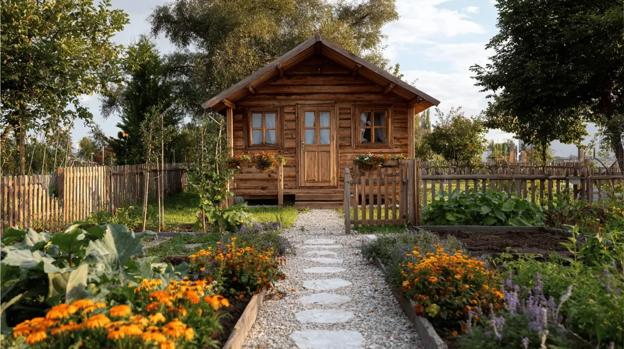 Uroczy domek na działkę ROD otoczony kwitnącym ogrodem. Kamienna ścieżka prowadzi do drewnianych drzwi.