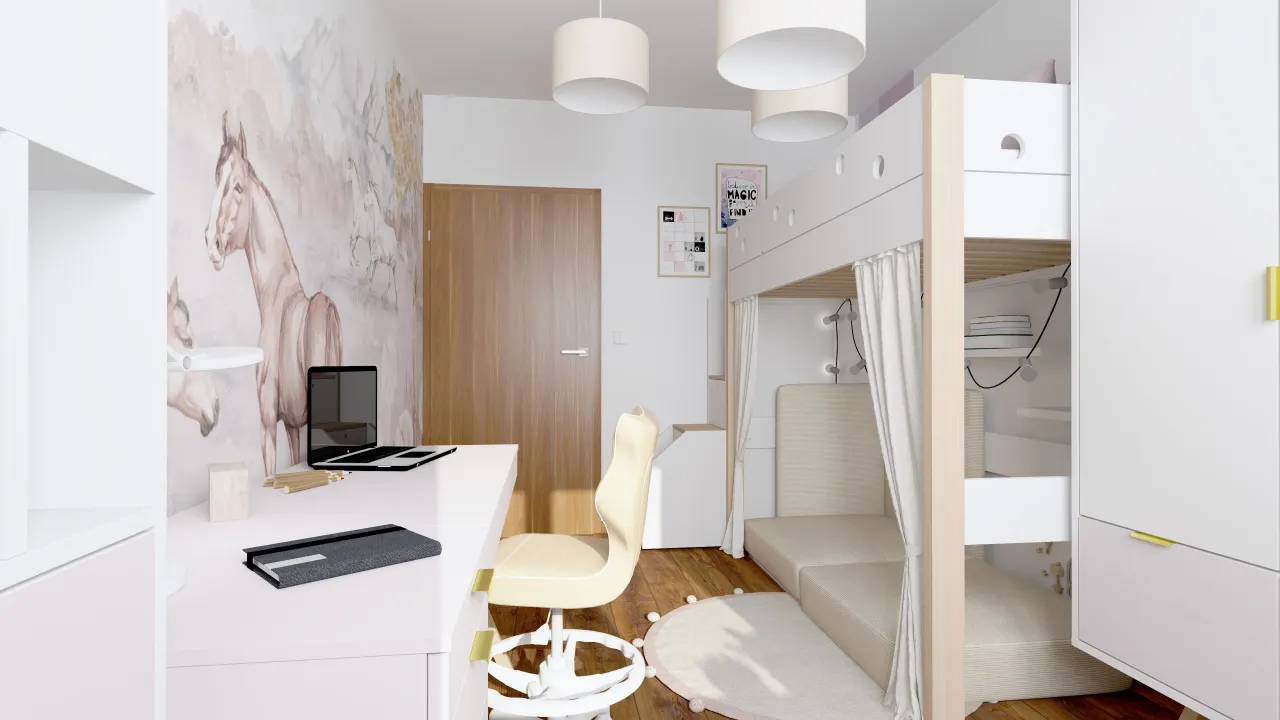 Przytulny mały pokój dla dziewczynki z łóżkiem piętrowym, biurkiem i tapetą z końmi.