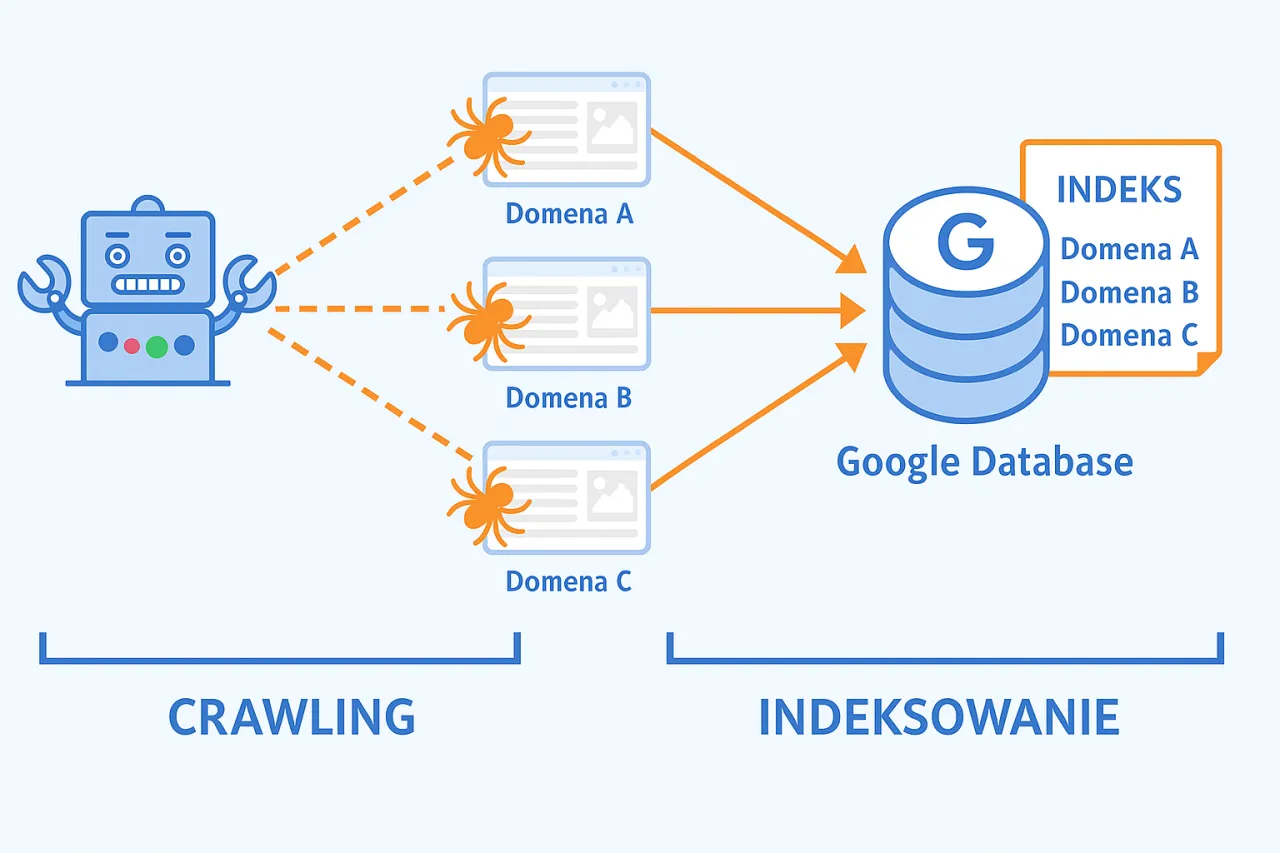 Robot przeszukuje strony (domeny A, B, C), a następnie indeksacja dodaje je do bazy Google.