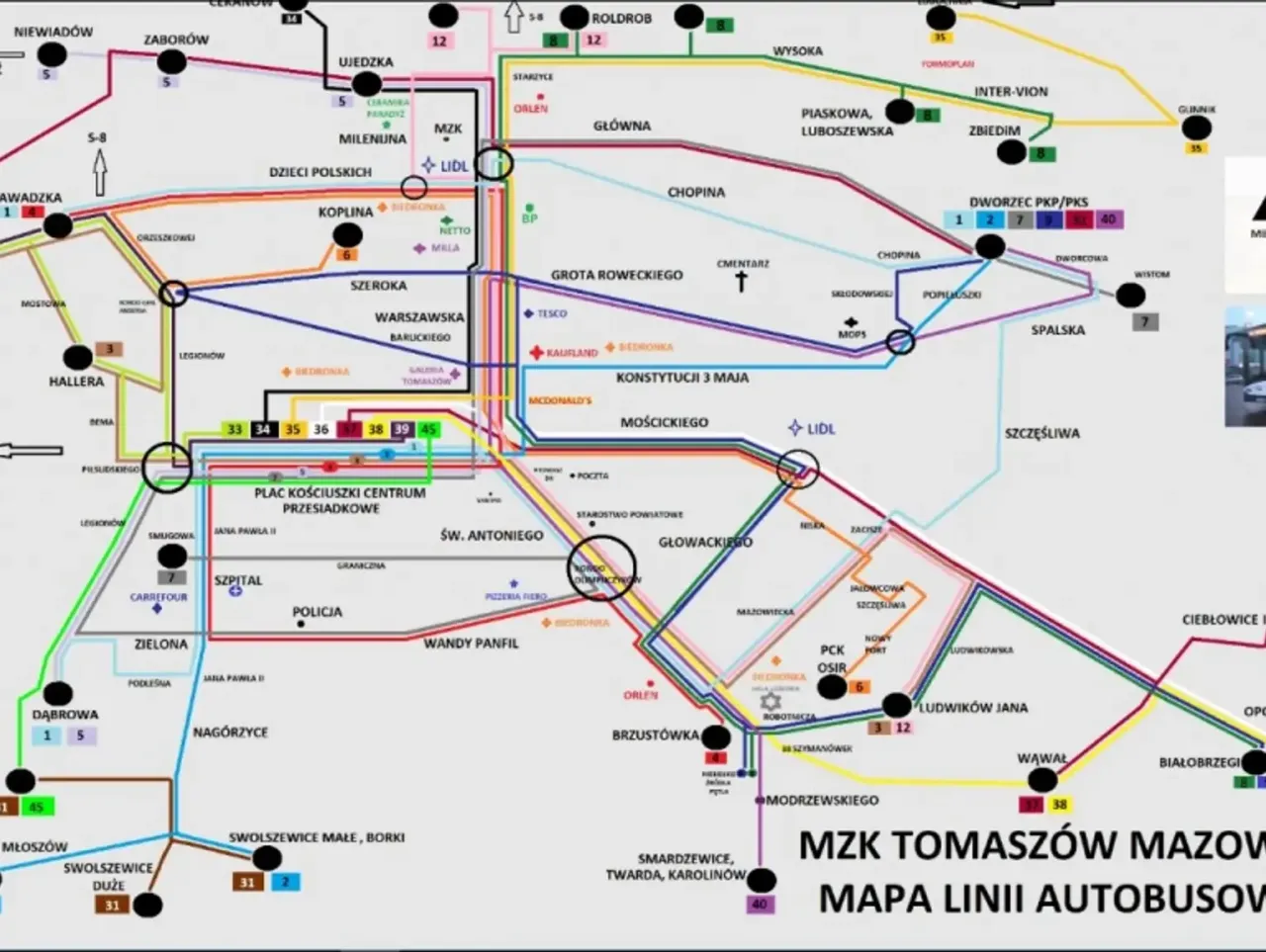 Mapa Tomaszowa Mazowieckiego z zaznaczonym Dworcem PKS i przystankiem Warszawska Szeroka