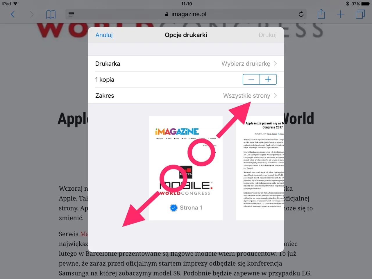 iphone menu udostępniania drukuj pdf