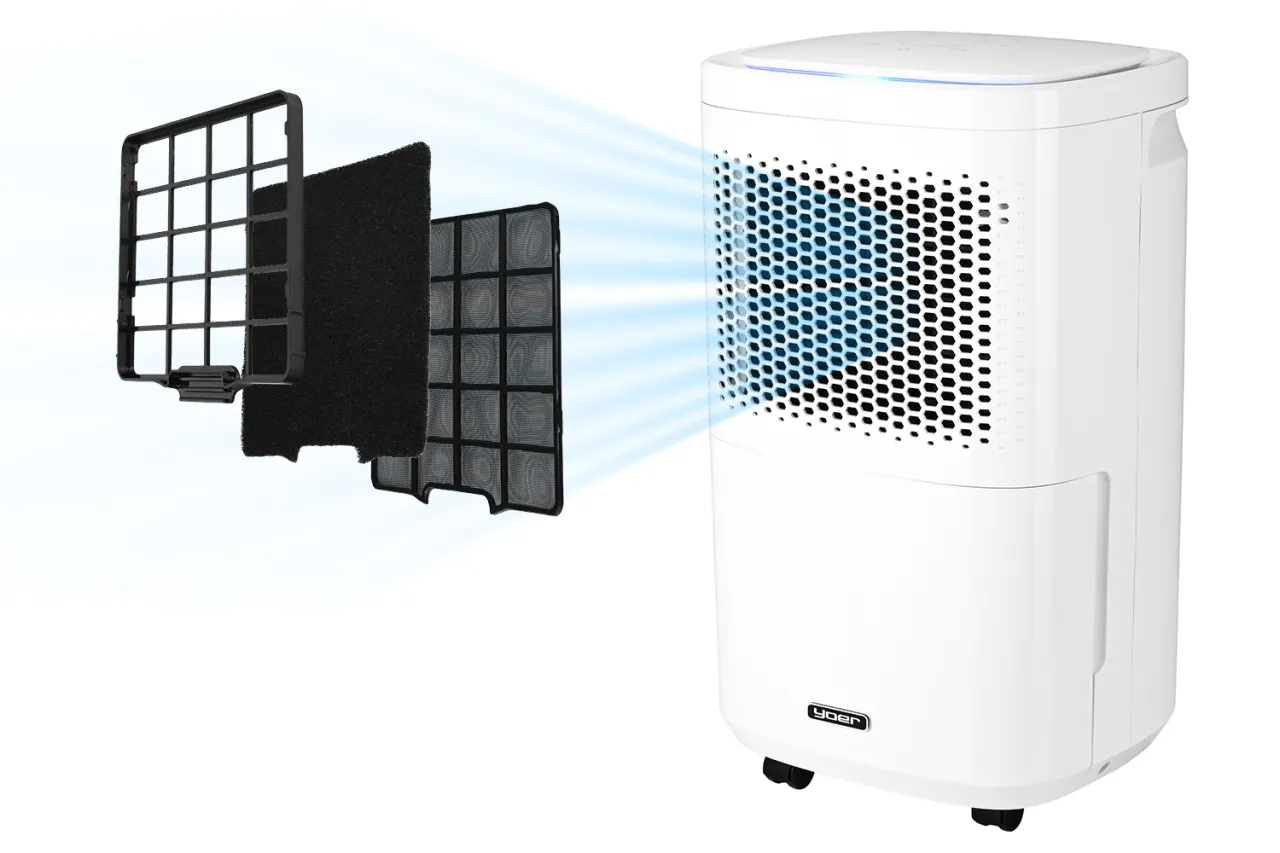 Wielostopniowy system filtracji powietrza w białym urządzeniu, pokazujący, czy klimatyzacja oczyszcza powietrze ze smogu.