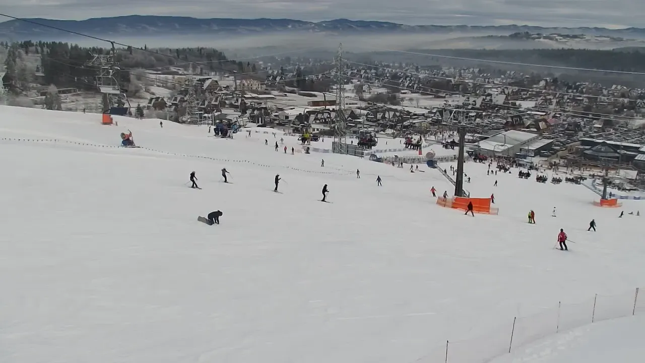 Widok z białka tatrzańska webcam na stok narciarski z narciarzami i snowboardzistami. W tle widać zabudowania i góry.