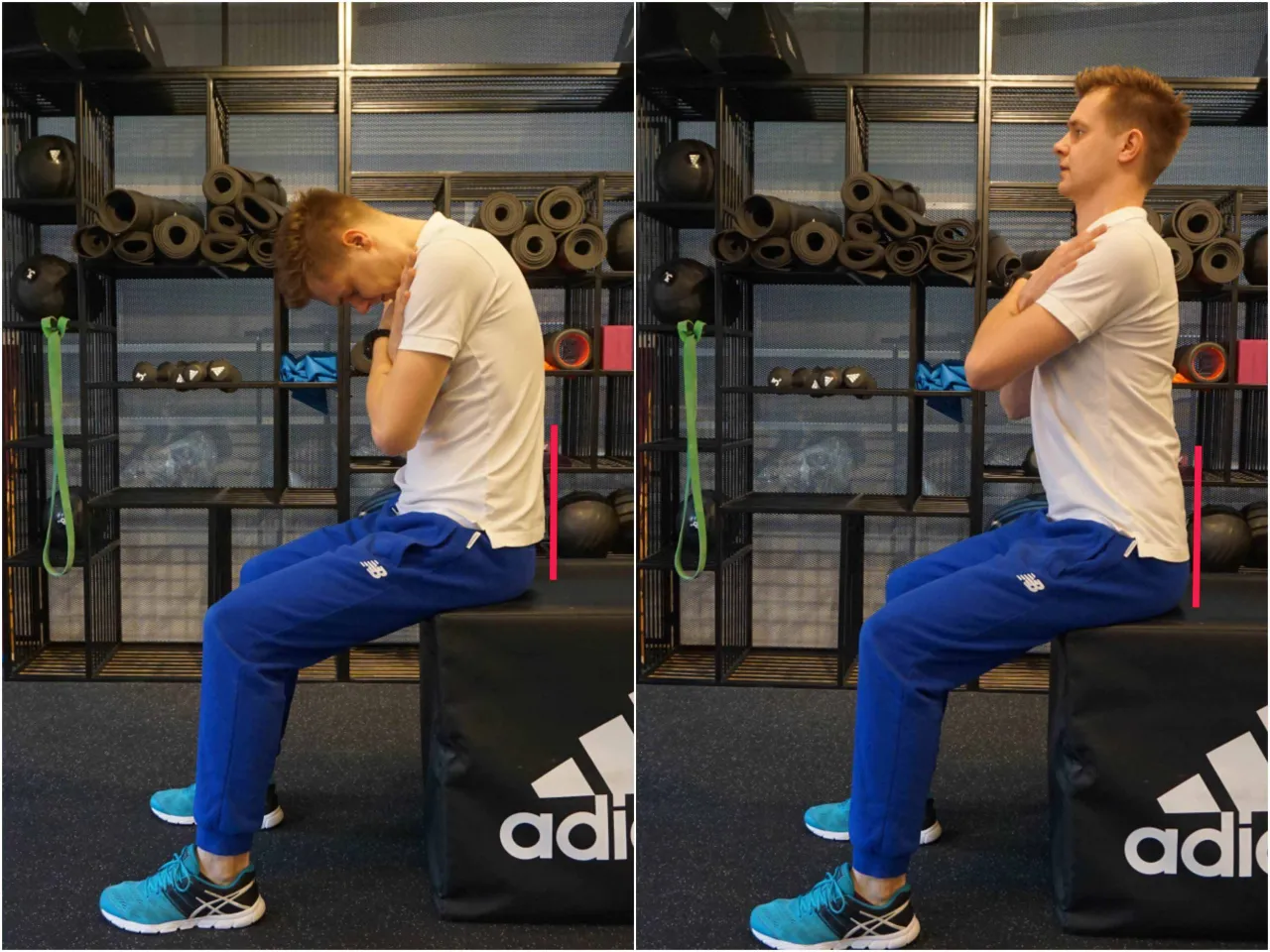 Ćwiczenia na kręgosłup piersiowy: mężczyzna siedzi, pochyla głowę do przodu, potem prostuje plecy i unosi brodę.