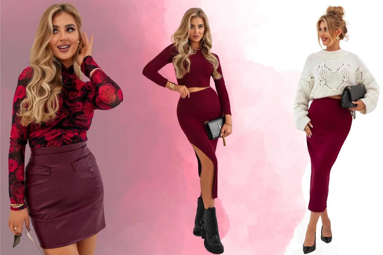 Trzy kobiety prezentują stylizacje w kolorze burgund. Jedna w skórzanej spódnicy i bluzce w róże, druga w dopasowanym komplecie, trzecia w spódnicy i białym swetrze.