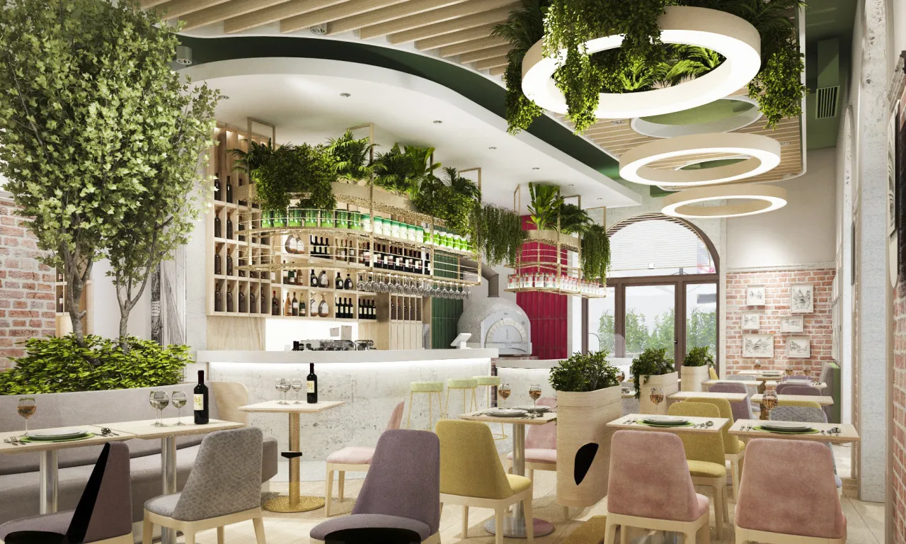 Włoska trattoria wnętrze, autentyczny wystrój, rustykalne meble