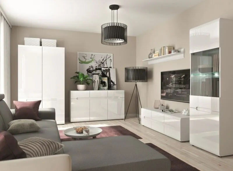 szare meble białe ściany beżowe wnętrza