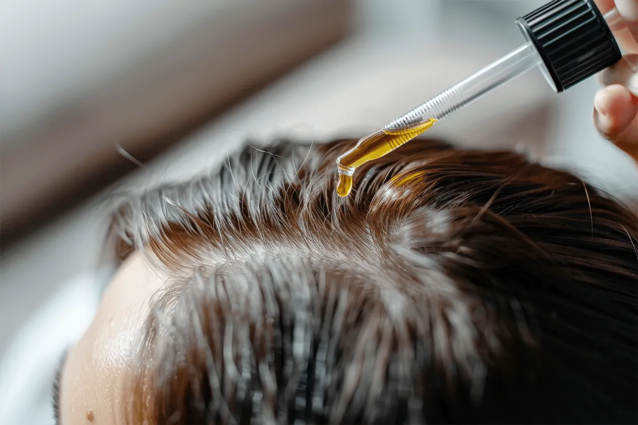 Kropla olejku z pipety spada na skórę głowy, pokazując, jak używać wcierek do włosów dla ich wzmocnienia.