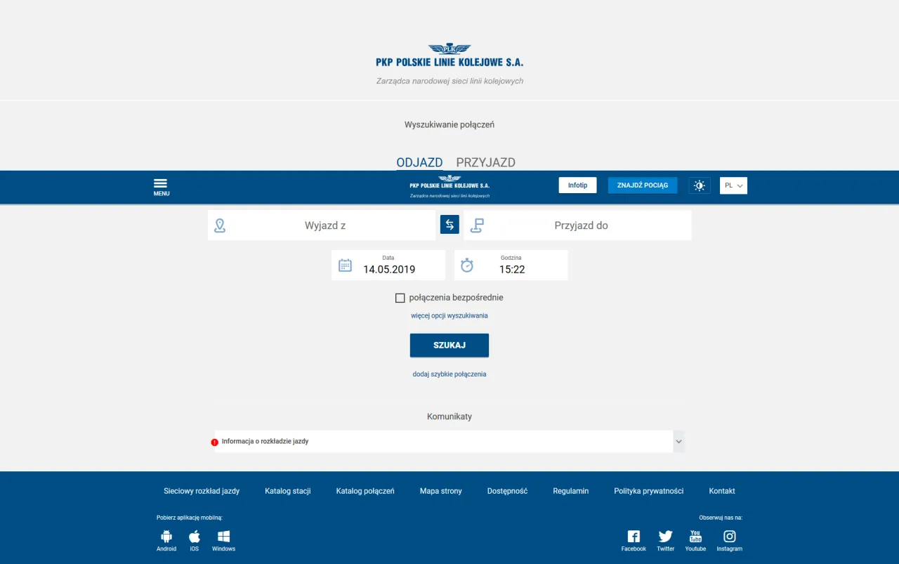 Portal Pasażera strona główna wyszukiwanie połączenia