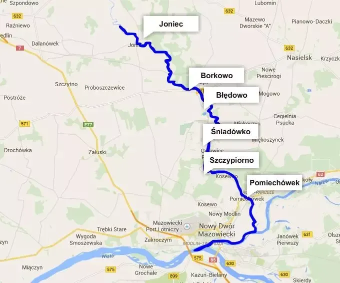 mapa tras spływ&oacute;w kajakowych Wkra Pomiech&oacute;wek