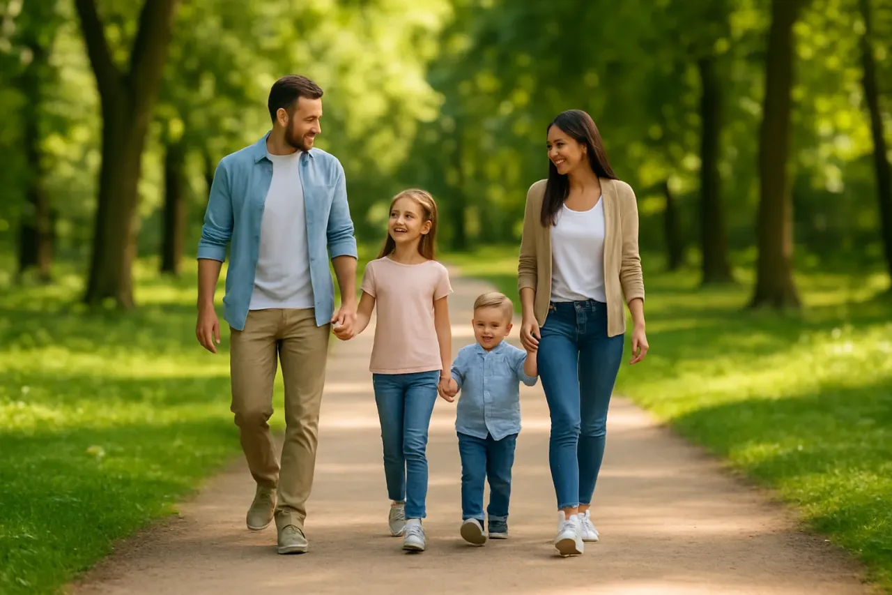 osoba spacerująca w parku w słoneczny dzień