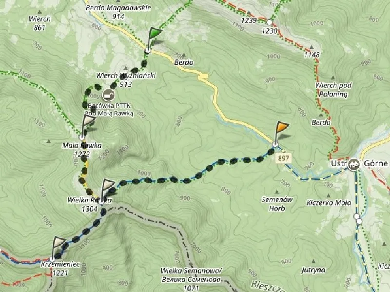 szlak na Małą Rawkę mapa Bieszczady