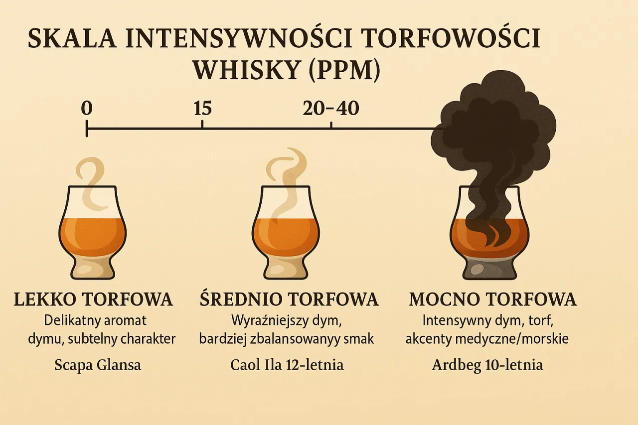 Skala torfowości whisky: lekko (dym, wanilia), średnio (dym, zbalansowany smak) i mocno (dym, torf, akcenty medyczne/morskie). Metoda tulipana pomaga poczuć te nuty.