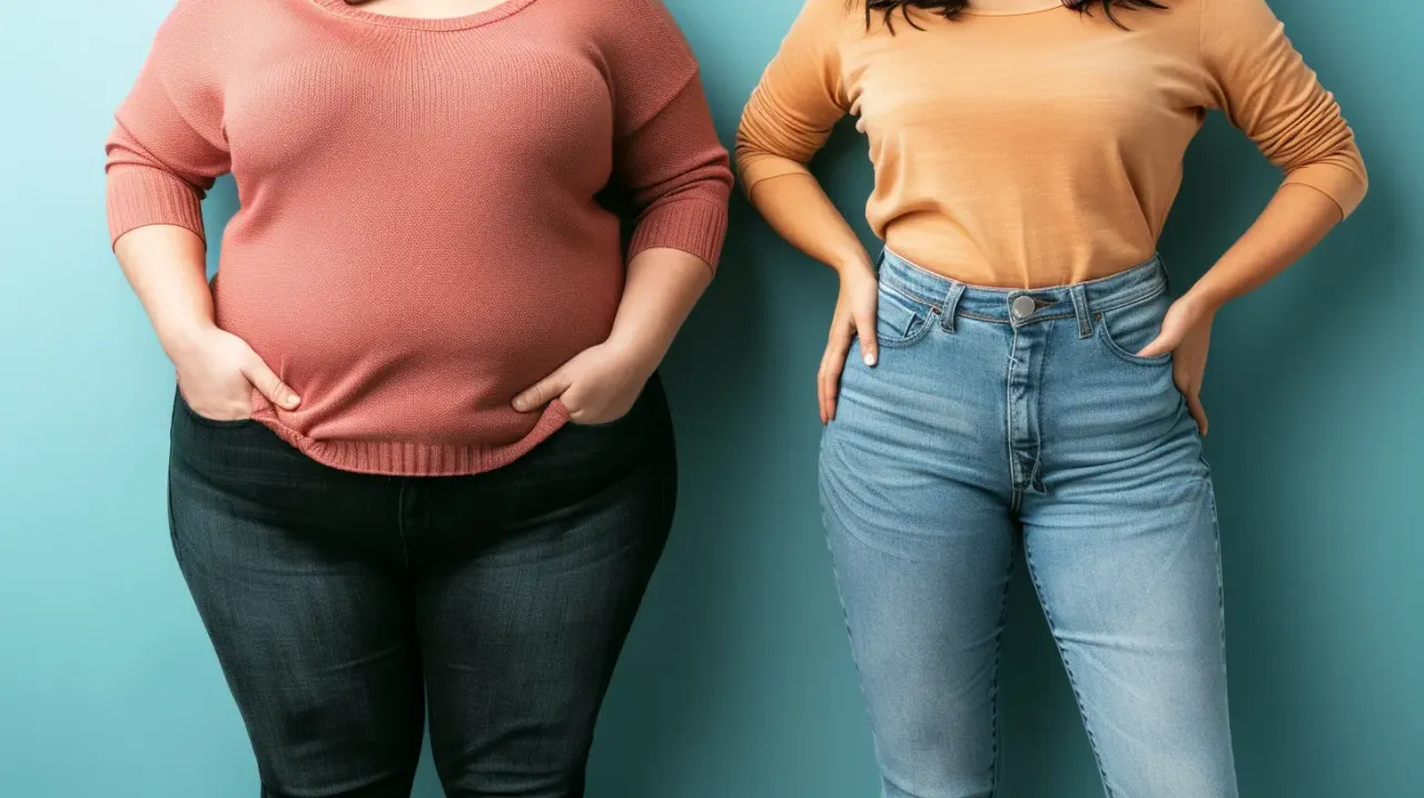 Dwie kobiety, jedna z widocznym nagłym tyciem, druga szczupła. Zastanawiasz się nad nagłe tycie przyczyny?
