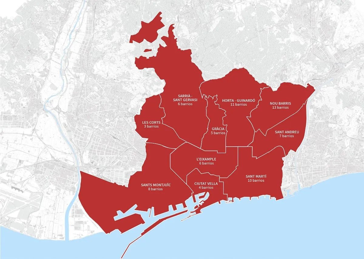 Mapa dzielnic Barcelony z zaznaczonymi obszarami