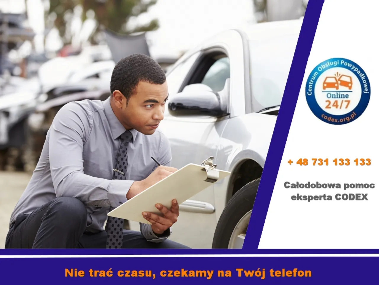 Mężczyzna w garniturze spisuje szkody komunikacyjne po wypadku. Całodobowa pomoc eksperta.