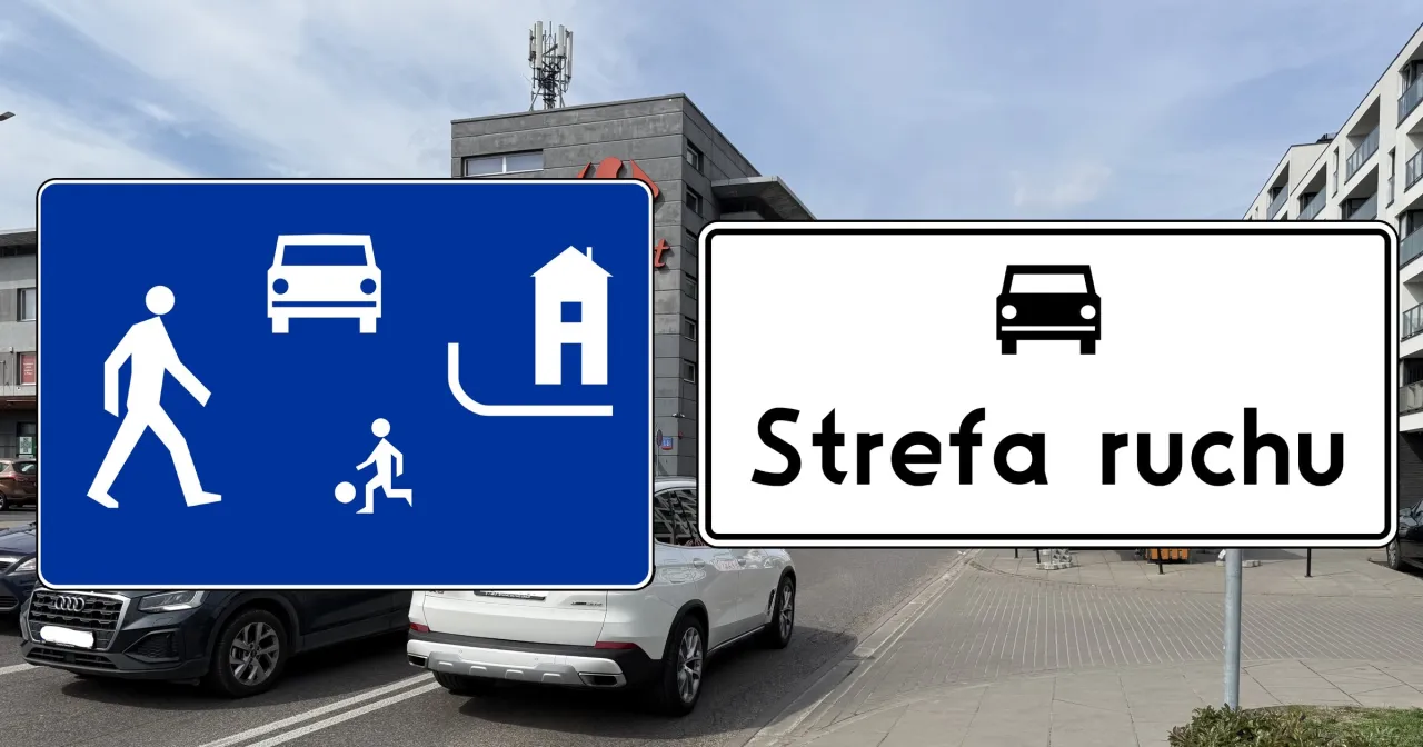 Znak drogowy D-40 strefa zamieszkania i D-52 strefa ruchu