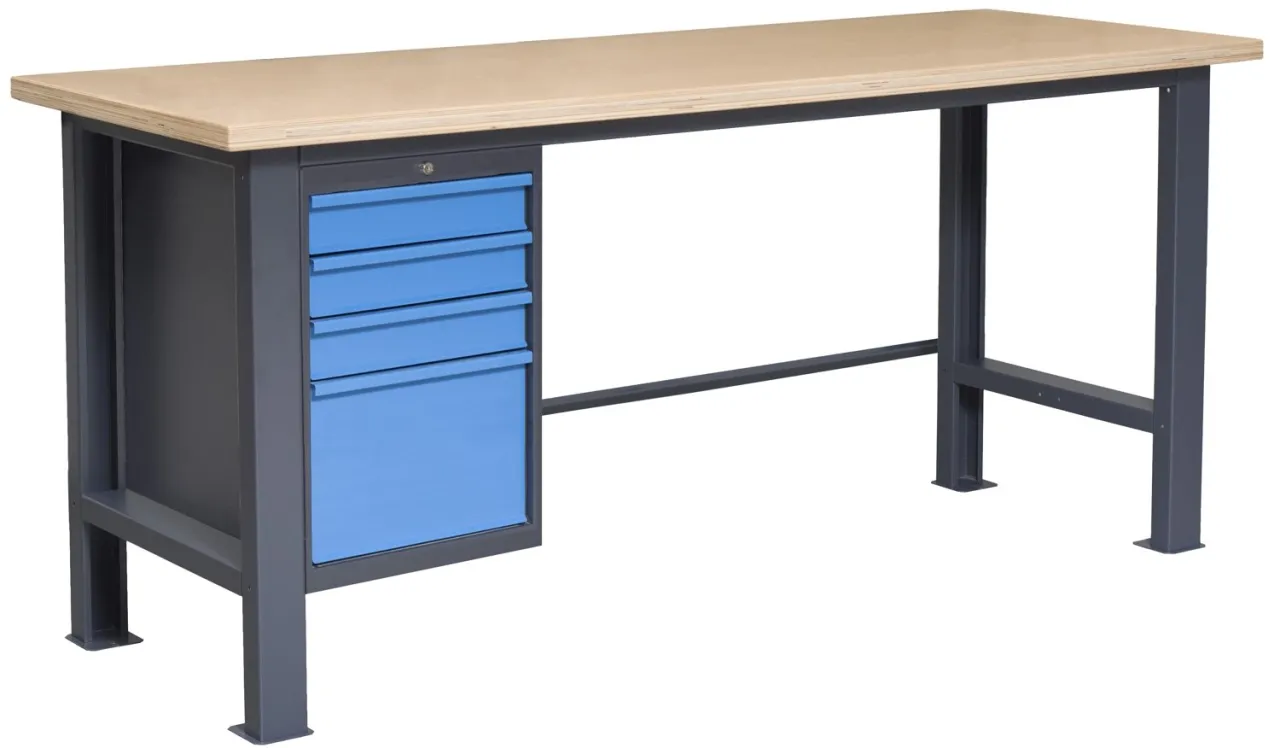 st&oacute;ł warsztatowy z szufladami imadłem i k&oacute;łkami