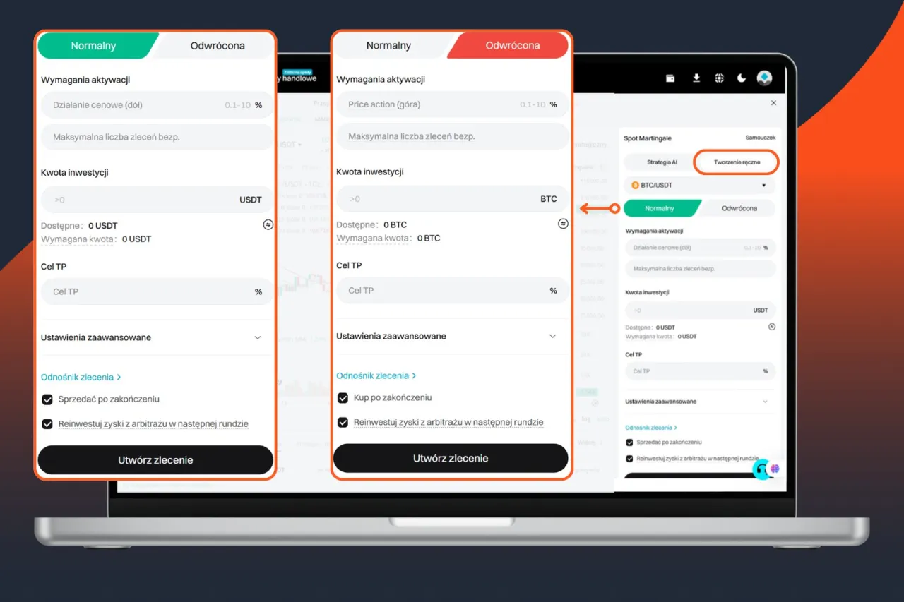 Ustawienia strategii handlowej kryptowalut, gdzie można określić, ile trzeba zainwestować w kryptowaluty, kwotę inwestycji i inne parametry.