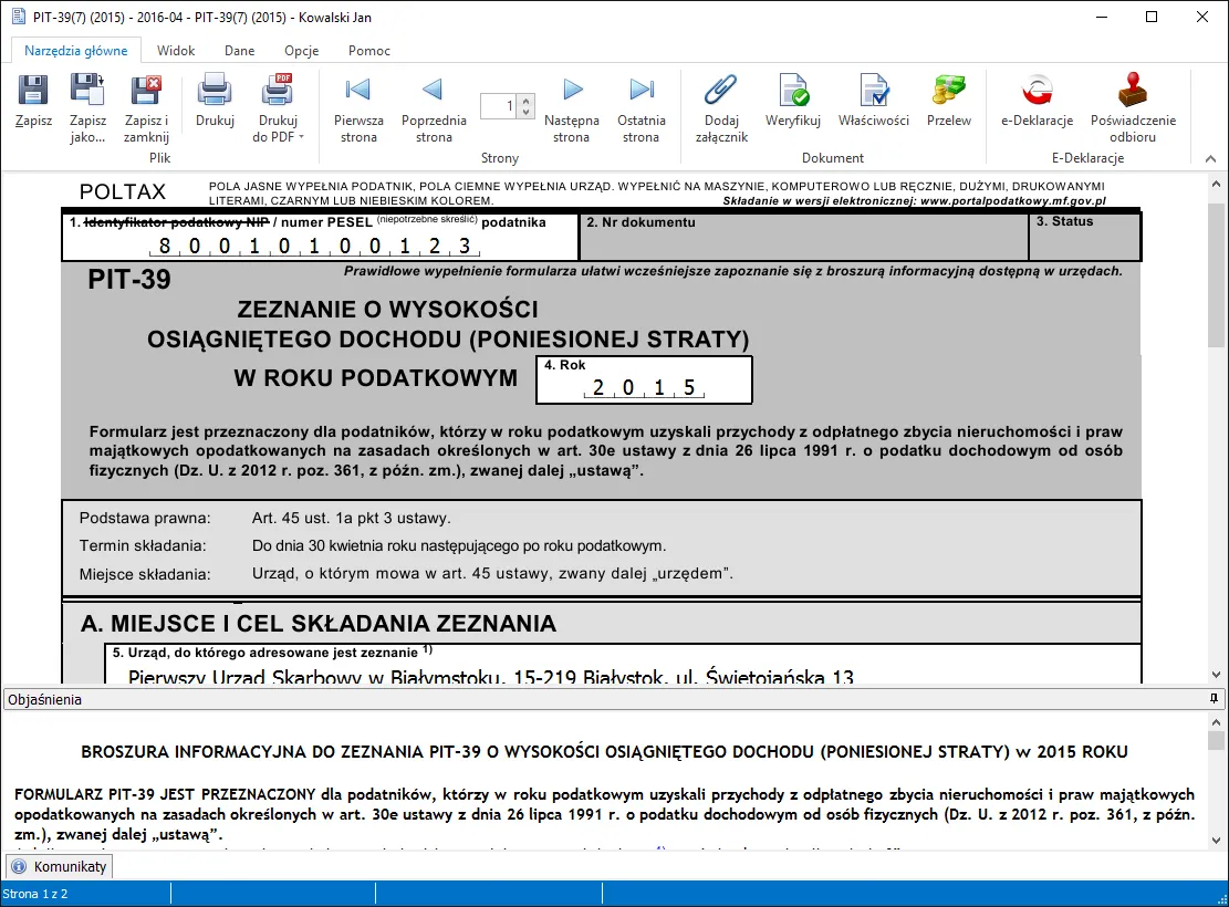 Formularz PIT-39 wzór