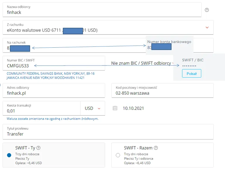 formularz przelewu międzynarodowego z polem na kod SWIFT/BIC