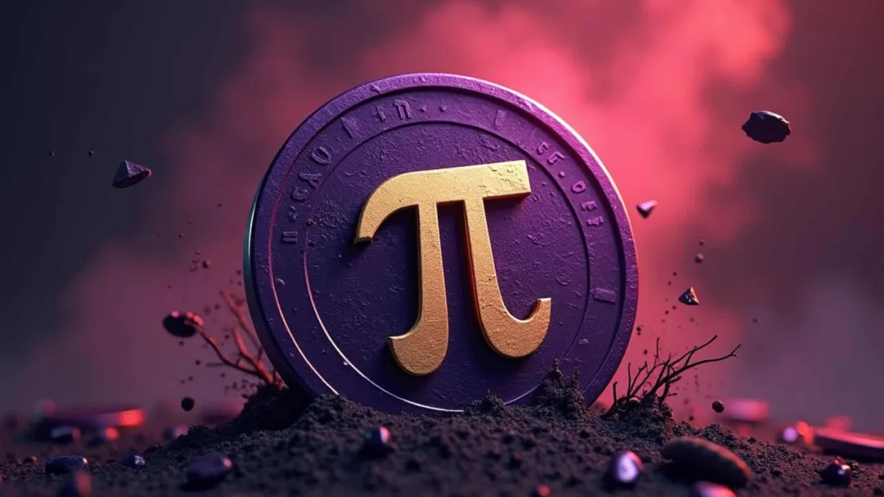 Złota moneta z symbolem Pi na fioletowym tle, unosząca się nad ziemią. Wyobrażenie, kiedy Pi wejdzie na giełdę.