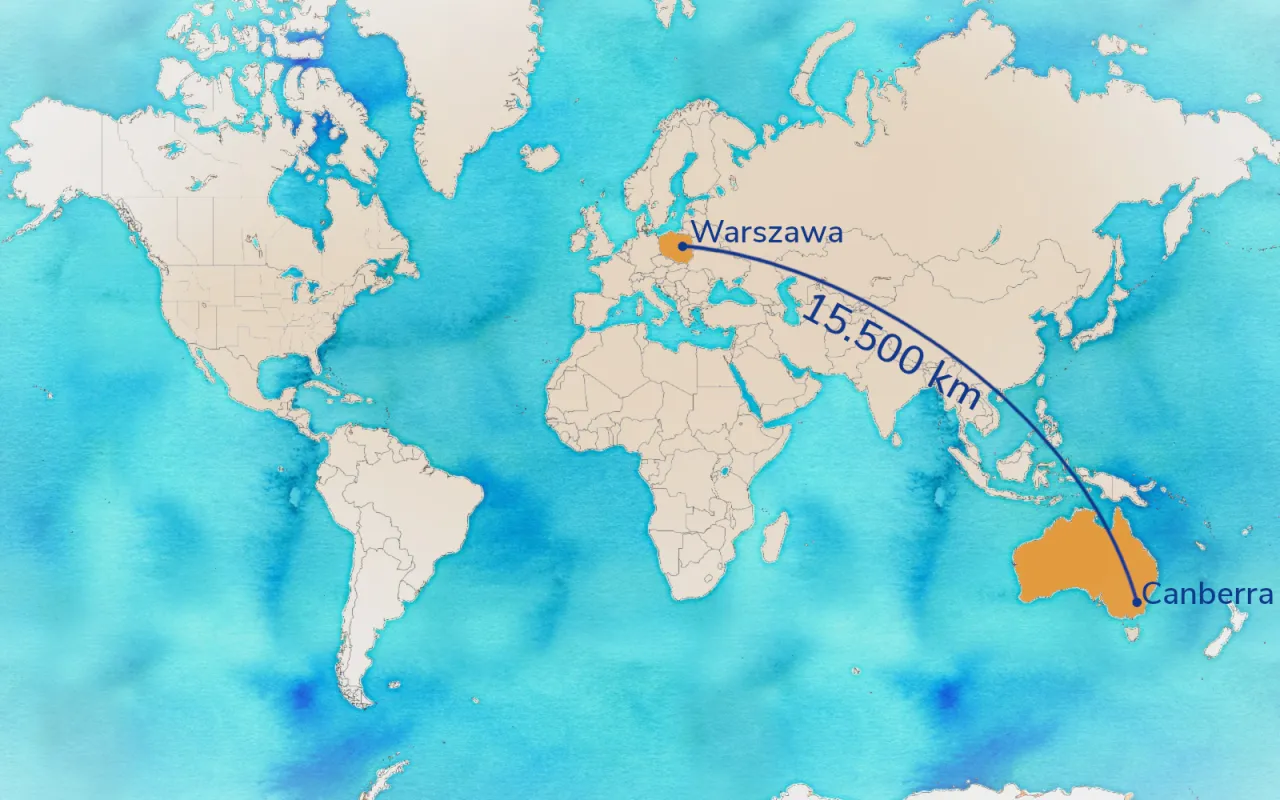 Mapa świata pokazuje, ile kilometrów jest z Polski do Australii: 15.500 km.