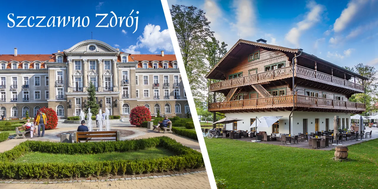 Szczawno Zdr&oacute;j sanatorium: elegancki budynek i drewniany pensjonat z tarasem, otoczone zielenią i fontanną.