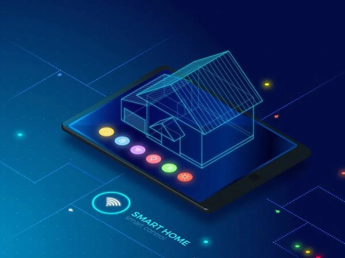 Interfejs tabletu z projekcją domu i ikonami sterowania. Wizualizacja instalacji inteligentnego domu.