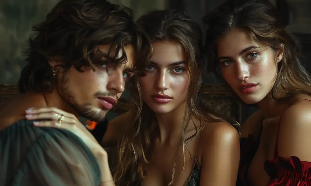 Trzech młodych ludzi, dw&oacute;ch mężczyzn i kobieta, w intymnej pozie. Co robić, gdy facet patrzy na inne?