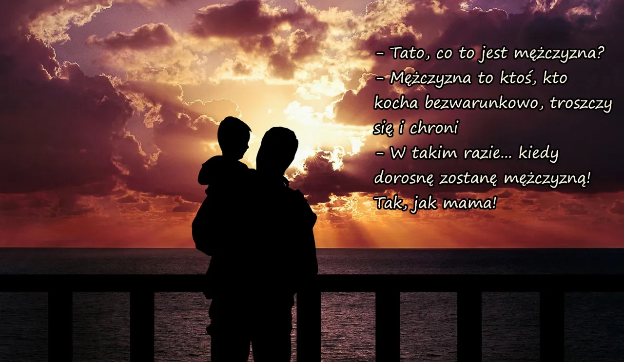Ojciec z synem na ramieniu ogląda zach&oacute;d słońca. Cytaty ojca do syna o tym, co to znaczy być mężczyzną.