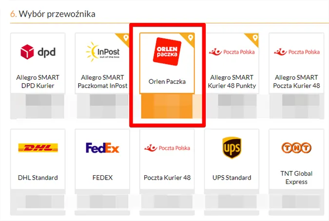 Strona nadania paczki ORLEN Paczka