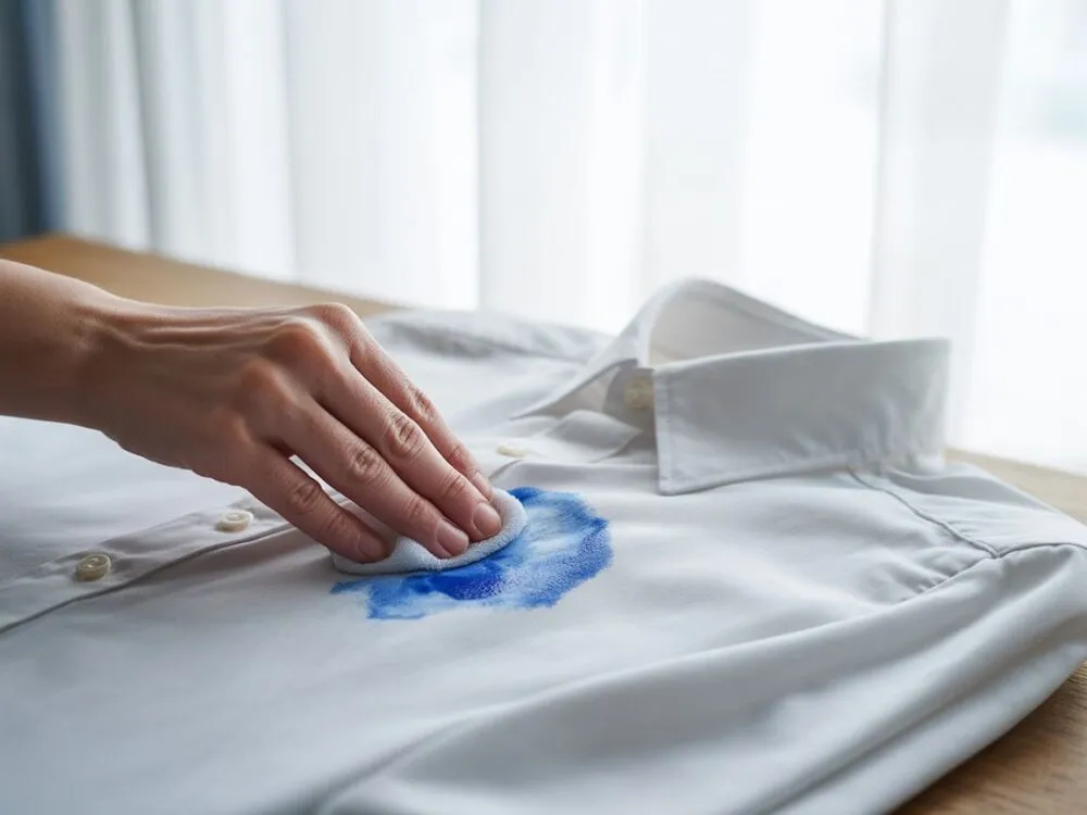 plama z długopisu na białej bluzce przed usunięciem