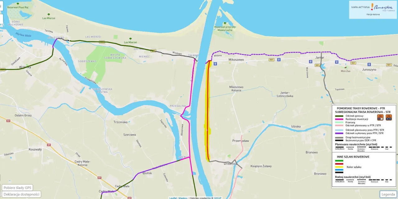 Mapa z zaznaczoną wiślaną trasą rowerową GPX, pokazującą gotowe odcinki, realizacje inwestycji i plany.