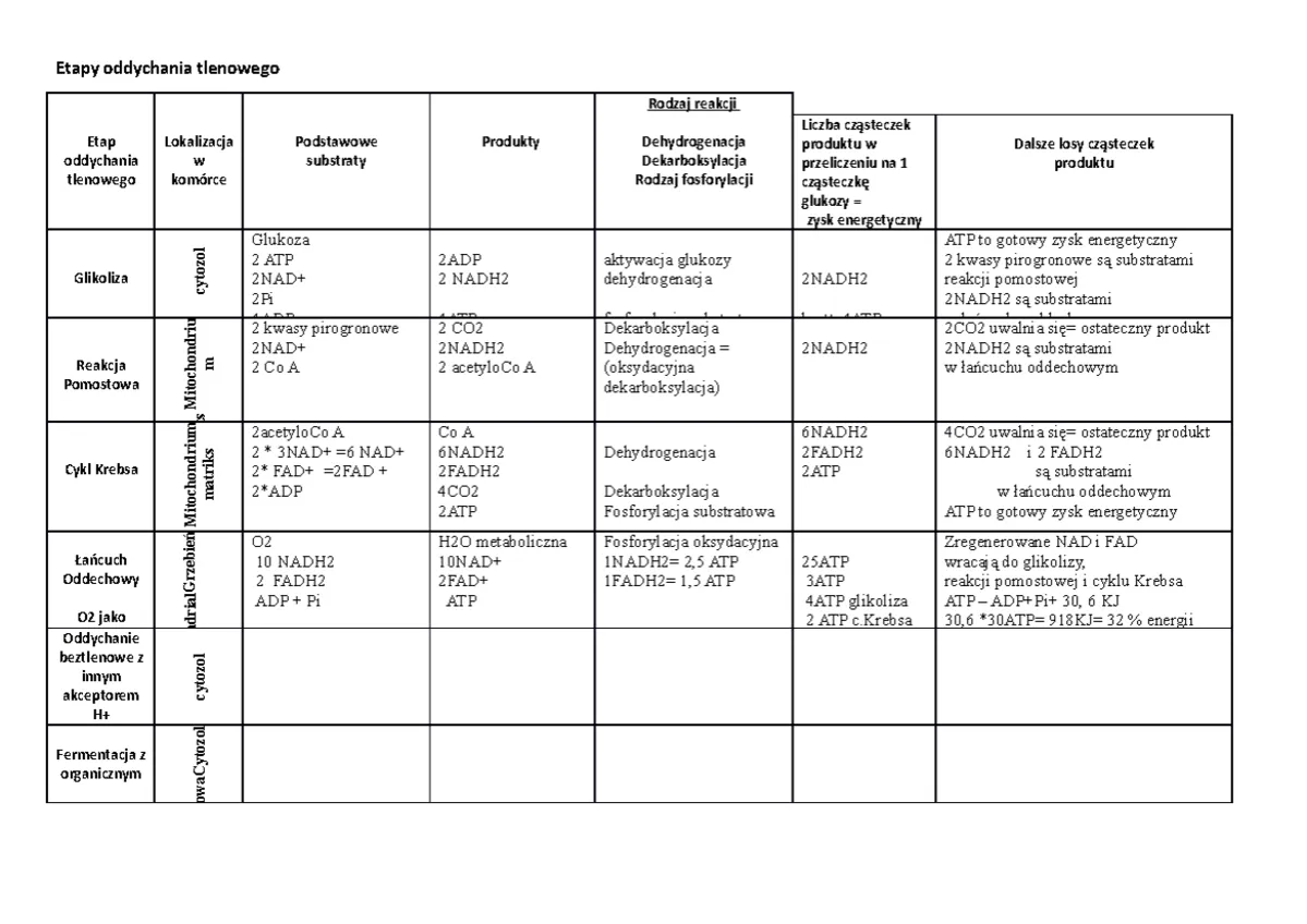Porównanie oddychania tlenowego i beztlenowego schemat